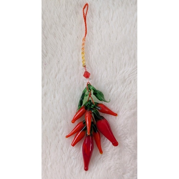 Handmade Glass Chili Pepper Ornament Red Green Blown Glass Cluster Hanging Decor - Picture 4 of 5